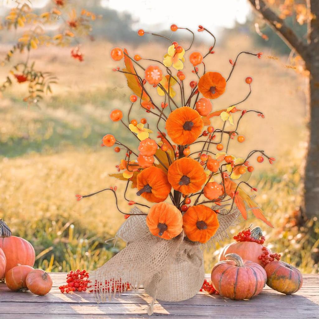 Fall Artificial Flower Bouquet with Thanksgiving Velvet Pumpkin Maple Leaves Wheat Ears for Home Tabletop  Dining Room  Decor