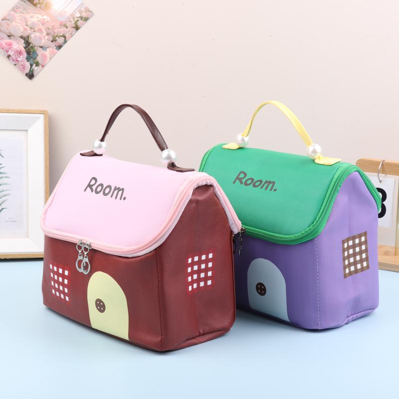 1 Pcs Dopamine Color Cute House Shape Makeup Bag Large Capacity Portable Makeup Storage Bag Cartoon Makeup Handbag