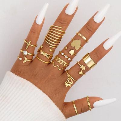 Vintage Goldfarben Herzringe Set Für Frauen Männer Mode Hohl Stern Perle Kristall Geometrische Ringe Trendiger Finger Schmuck Geschenke