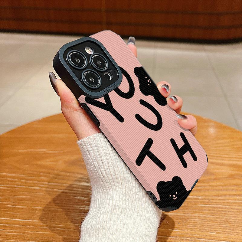 Vertical Leather Shell Youth Black Bear Printed Patterned Shockproof Soft Silicone Case with Camera Lens Full Protection for IPhone Samsung