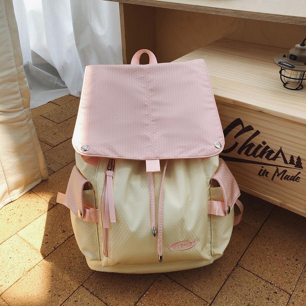 Schoolbag Japanese retro tooling style low saturation color matching flip drawstring backpack couple casual commuting versatile backpack