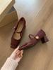 Sheepskin Version~ New Red Mary Jane Shoes, Light Mouth Thick Heel, One Word Velcro with Skirt, High Heels, Women's Single Shoes