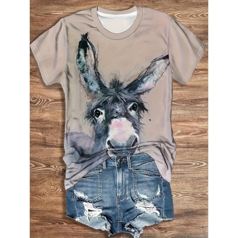 Ladies  casual donkey pattern round neck T-shirt S