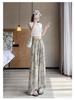 Women's Retro French Print Wide-Leg Ice Silk Pants - Flaw-Covering, Slimming, Thin & Loose Casual Drape Style