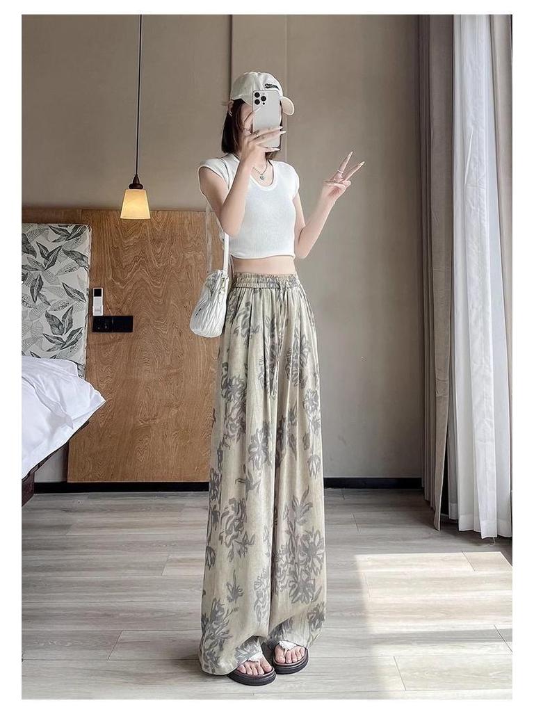 Women's Retro French Print Wide-Leg Ice Silk Pants - Flaw-Covering, Slimming, Thin & Loose Casual Drape Style