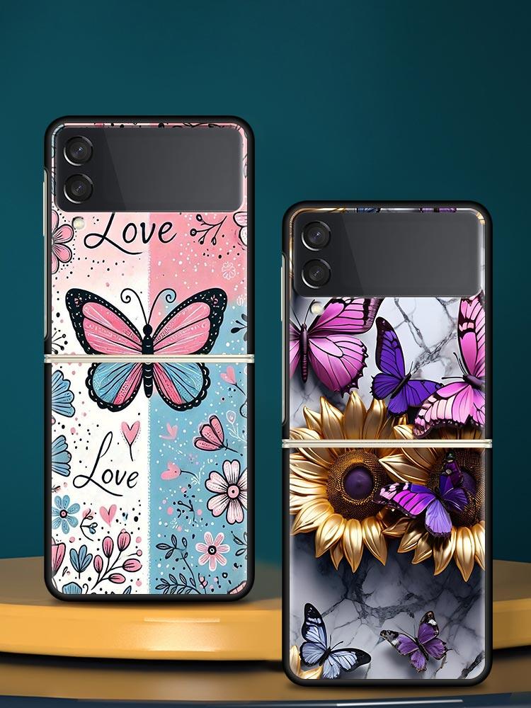 Fashionable Butterfly Flower Pattern Hard PC Phone Case For Samsung Galaxy Z Flip 7 6 5 4 Black Cover For Galaxy Z Flip 3 Shell