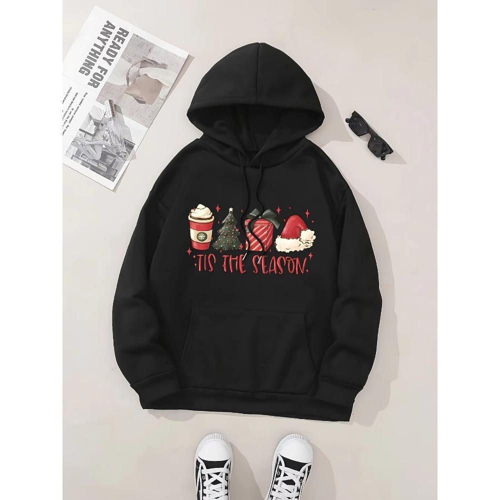 Women Christmas 4‑Elements Print Drawstring Hoodie Casual Sport Sweatshirt With Kangaroo Pocket