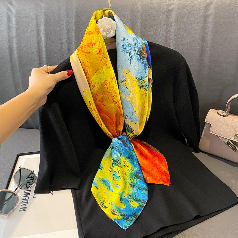 New Print Silk Satin Muslim Scarf Luxury 90cm Shawl Wrap Neckerchief Female Wraps Echarpe  Bandana Hijab Head Scarve Gift