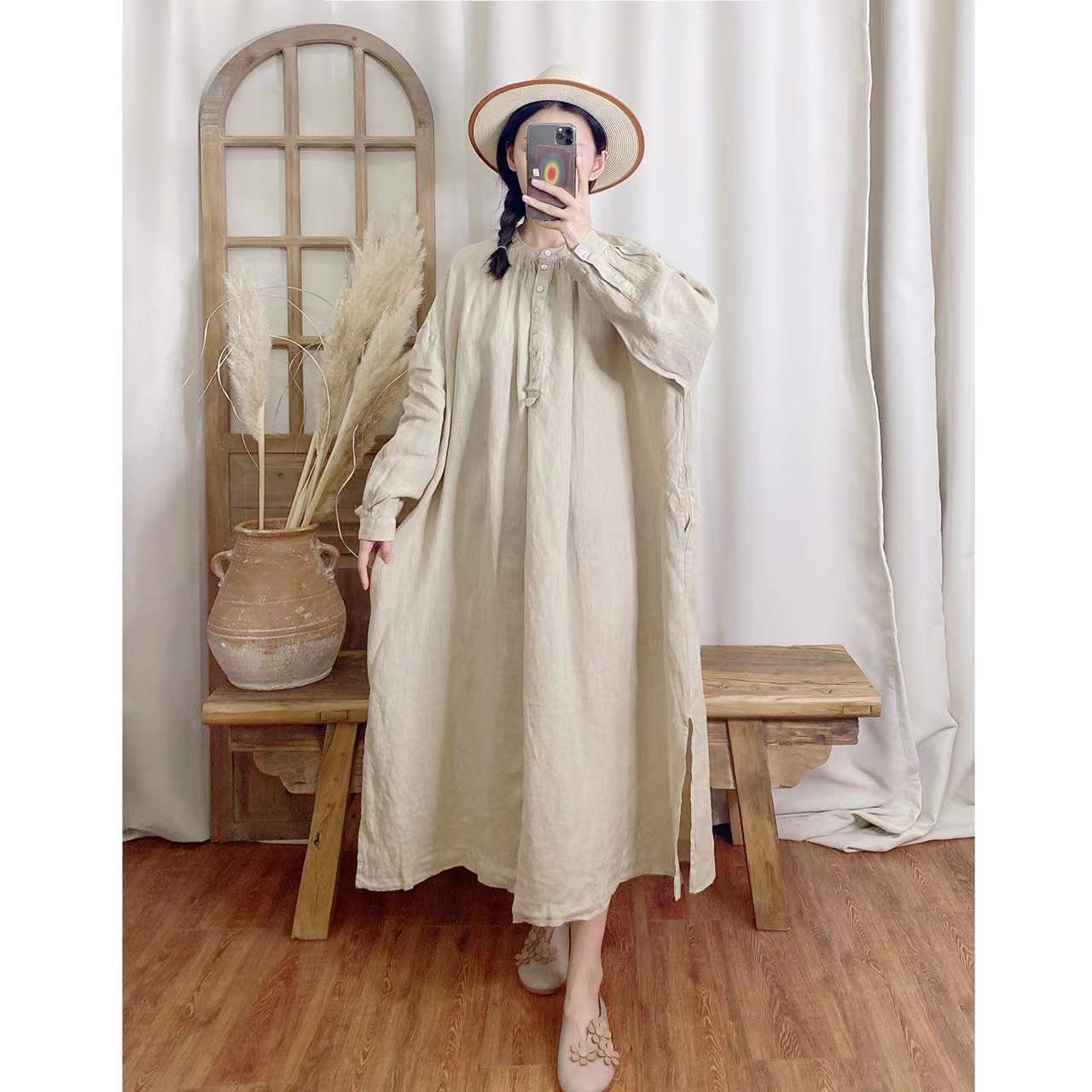 

Johnature женское японское свободное платье нерегулярной формы весеннее однотонное винтажное женское платье с круглым вырезом на пуговицах One Size бежевый