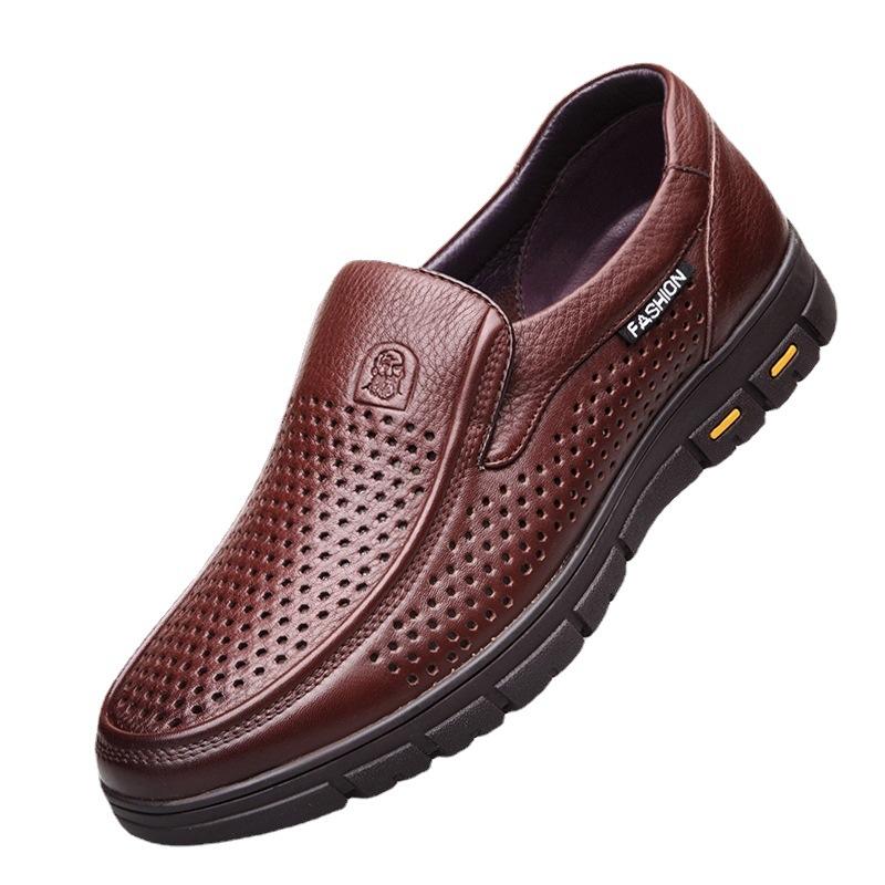 Old man's head men's shoes spring and summer hollow breathable men's leather shoes cowhide business dress thick-soled large-size shoes