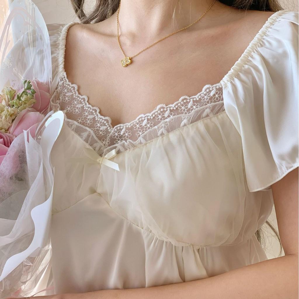 Palace Style Mesh Nightdress For Women With Builtin Bra Summer Short Sleeve Home Wear