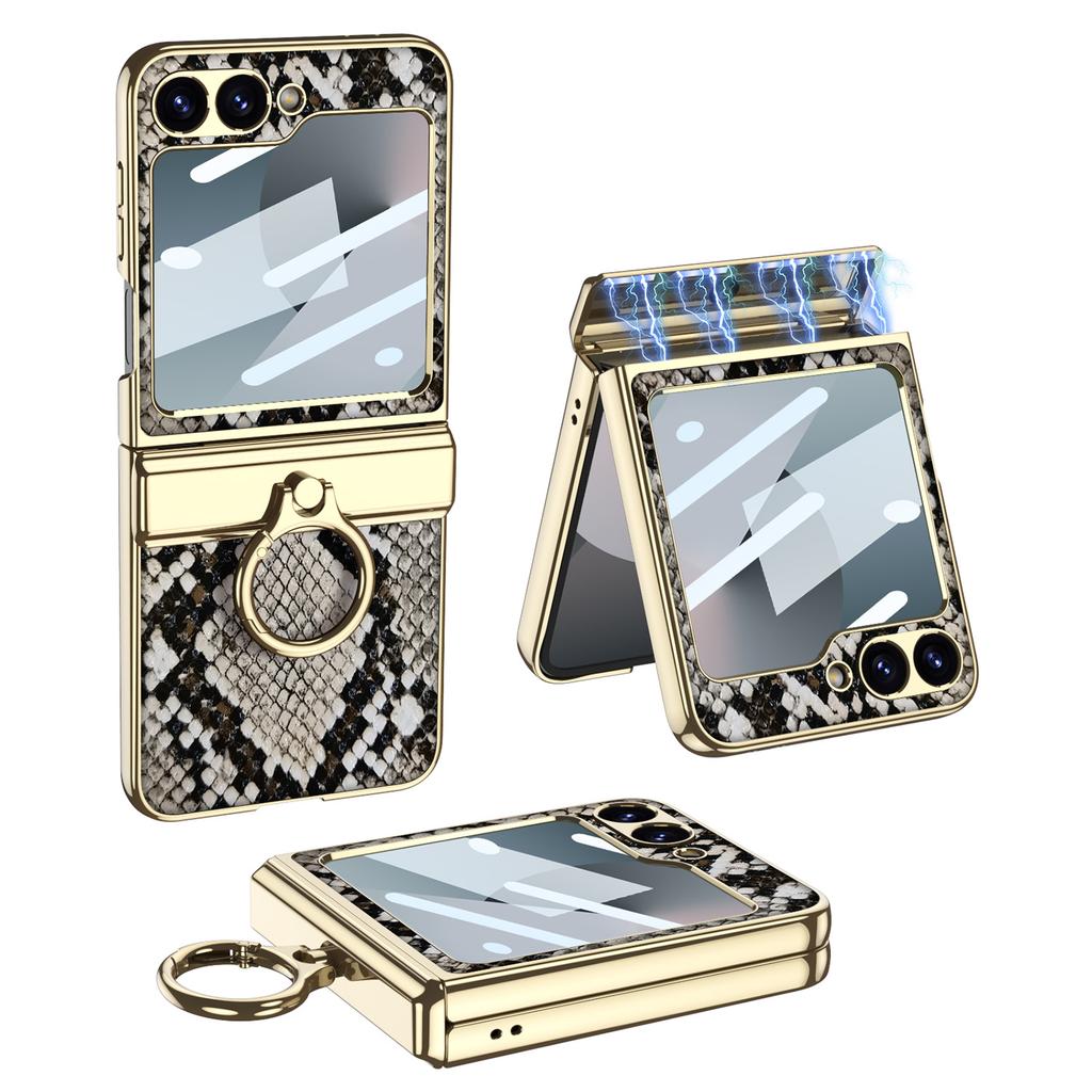 Luxury Plating Leather Case for Samsung Galaxy Z Flip 7 6 Magnetic All-included Hinge Ring Holder Cover for Galaxy Z Flip 5 Case