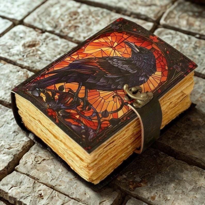 Grimoire Leather Journal, Gothic Notebook Crow Spell Book of Shadows, Vintage Witch Diary Gift for Women, Halloween Gifts