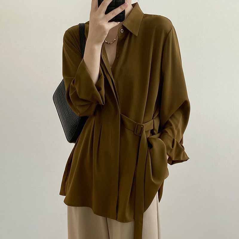 

Женская рубашка оверсайз, свободная блузка, повседневный пуловер с длинным рукавом, однотонный, мягкий свободный топ-рубашка XXXL дубильная кора