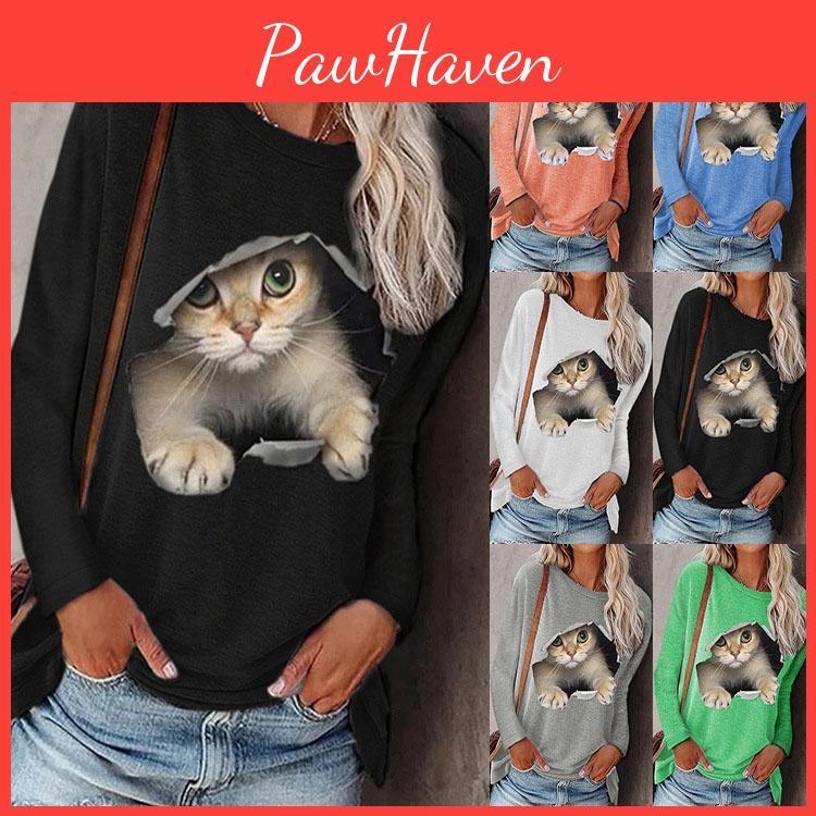 Summer Fivefive Clothes Women Spring Casual Womens Clothing Funny Cute Cat 3d Print Long Sleeve Tshirts Female Ladies Fashion Tops Plus Size