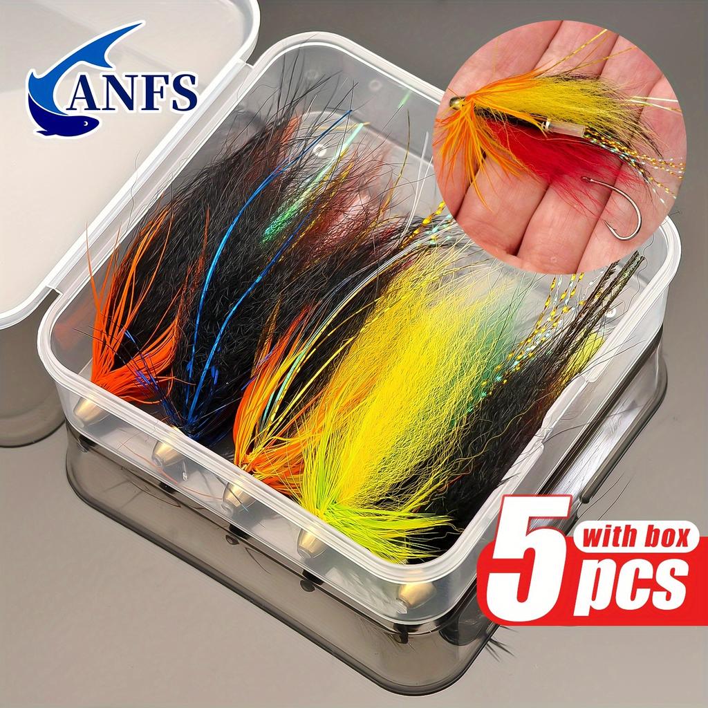 5pcs Copper Head Cone Tube Worm Fly Fishing Lures, Mixed Color Wet Bait for Salmon and Trout