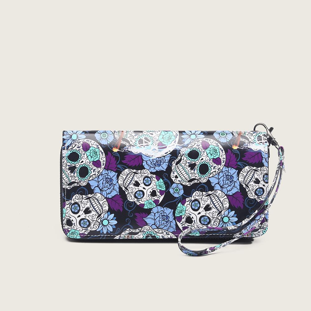 

Идея подарка на Хэллоуин - длинный кошелек с принтом черепа и розы, с ремешком на запястье, в стиле панк, различных цветов, включая черный и красный. синий