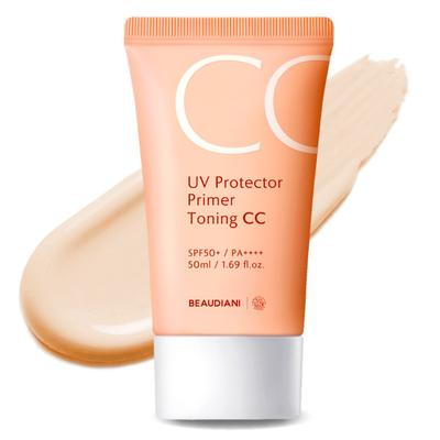 CC Cream 50ml Tone-up Primer Makeup Base Skin Tone Correction Brightening Leak-free UV Protection Sun Cream SPF50+, Natural Beige, 1 Piece
