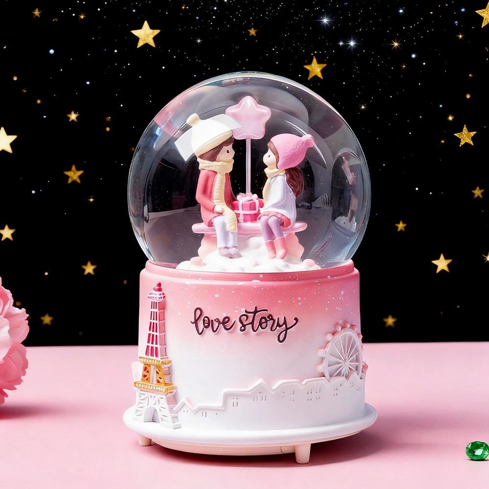 Cartoon Couple Crystal Ball Resin Snow Globe Music Box Toy