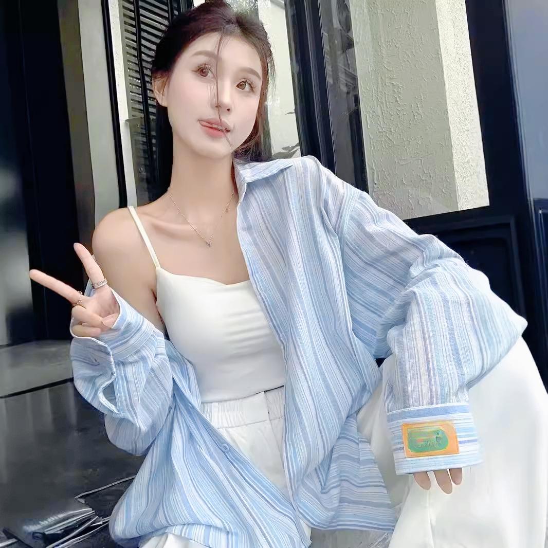 

Новая синяя полосатая рубашка с длинным рукавом женская универсальная трендовая повседневная свободная куртка-топ в гонконгском стиле 2XL