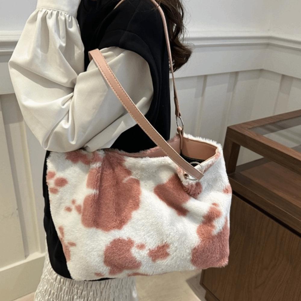Large Capacity Plush Tote Bag Versatile Underarm Bag Gift Cow Print Shoulder Bag Women