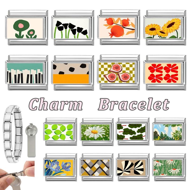 Fashion Green Scenery Lemon Cat Flower Eyes Piano Italian Charm Link Fit 9mm Stainless Steel Bracelet Girls' Making DIY Jewelry
