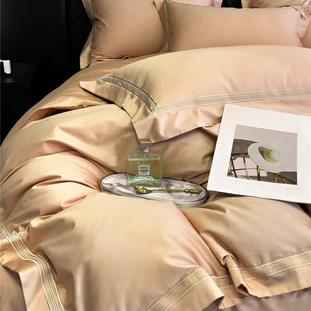 100% Cotton Luxury Minimalist Modern Solid Color 5-Line Stitch 4-Piece Duvet Cover Bedding Set All-Season Premium Home Textiles