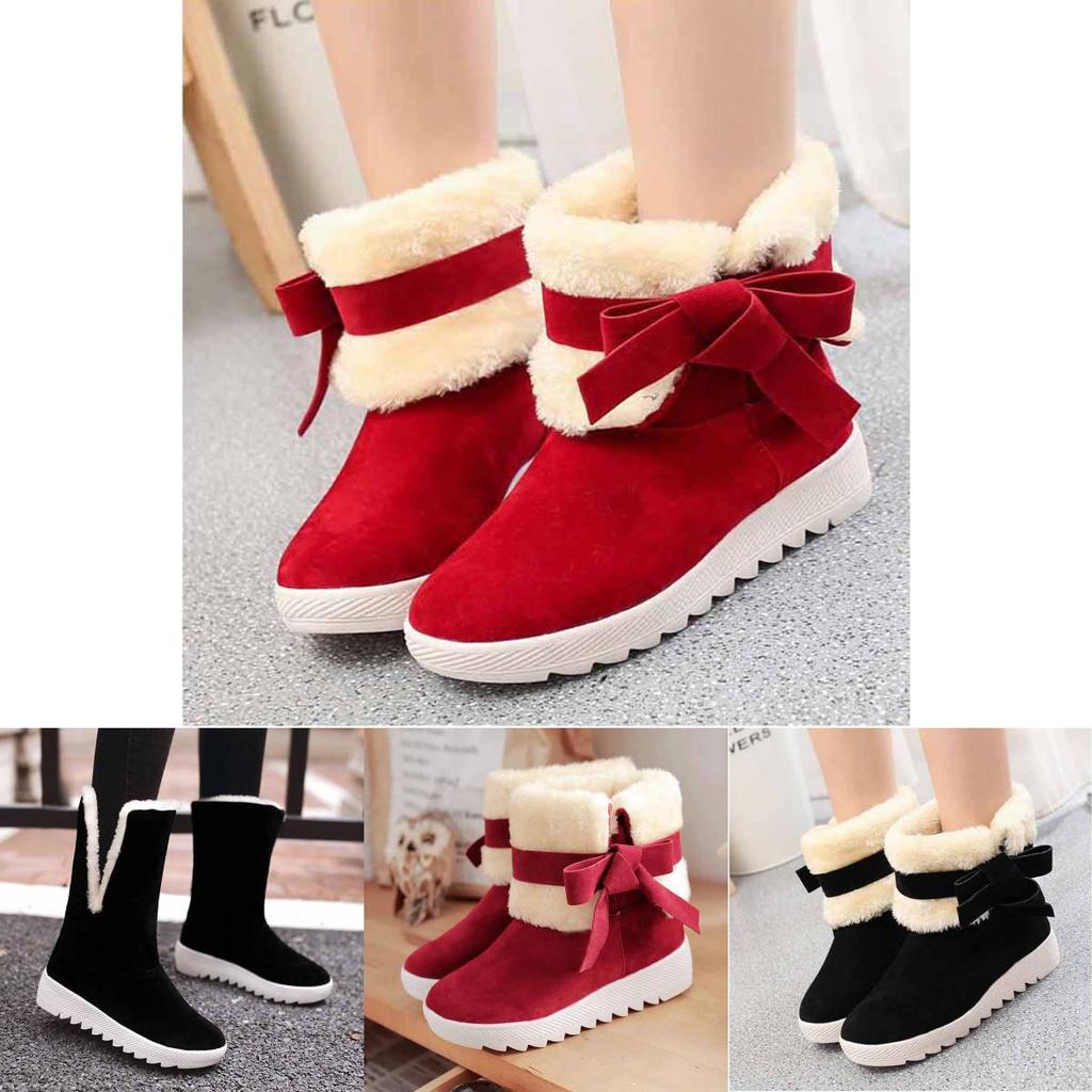 Women's Winter Boots Warm Fur Lined Casual Ankle Shoes With Sweet Bow Flats