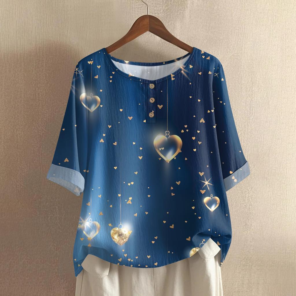 Damska koszulka z nadrukiem na Walentynki, casualowa, z krótkim rękawem, okrągłym dekoltem, z bawełny i lnu