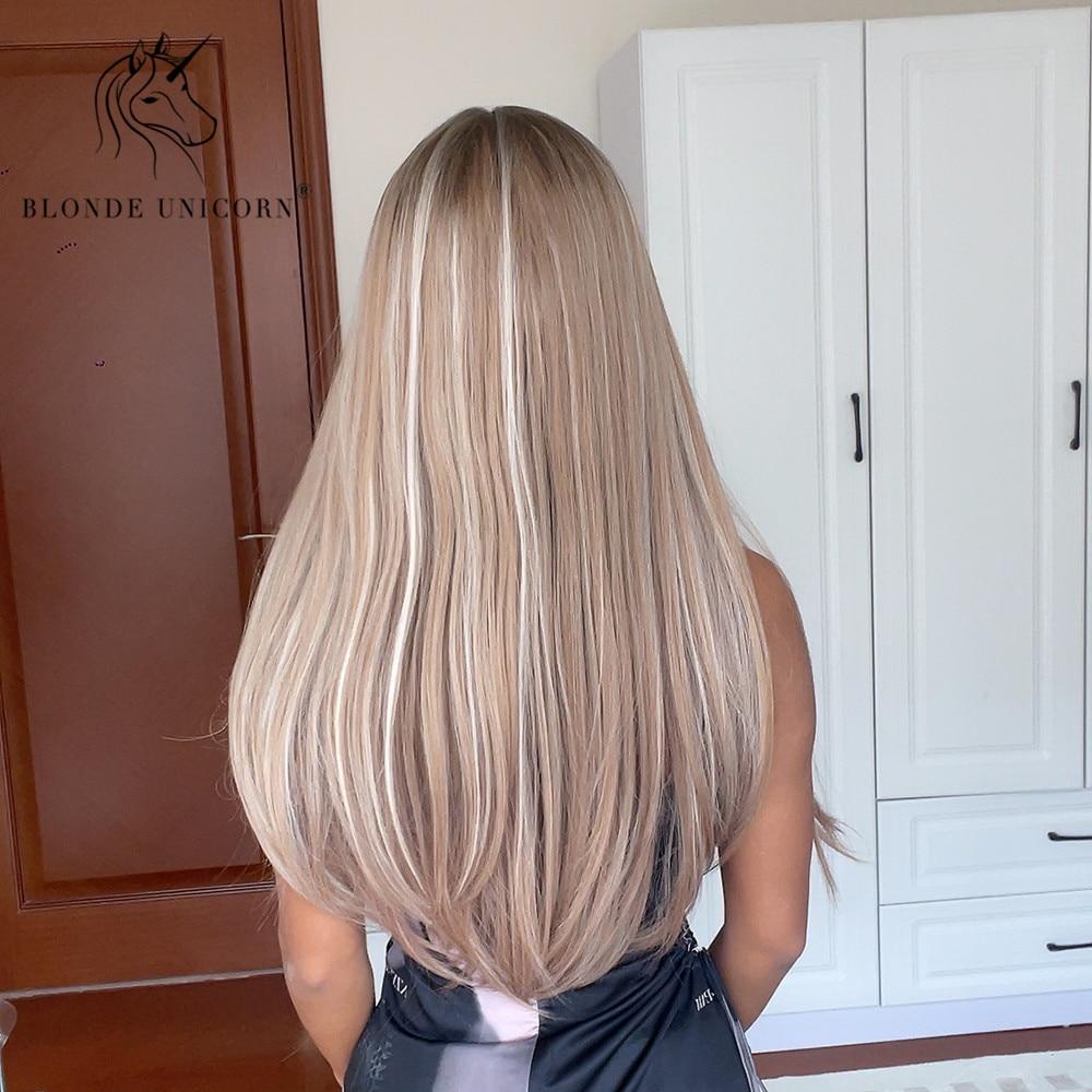 BLONDE UNICORN Synthetic Long Straight Brown Blonde Wig with Highlight Cosplay Halloween Wigs for Women Heat Resistant Fiber