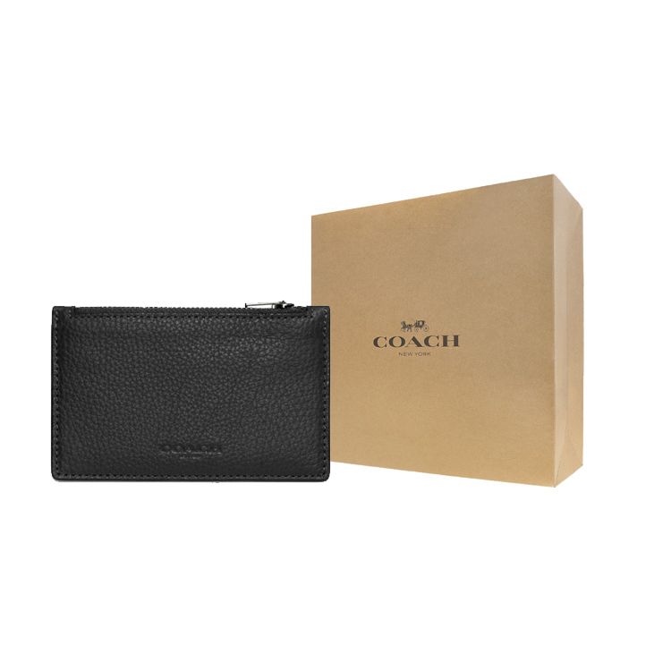 Coach Card Case Zipper Pebble Grain Leather Wallet Unisex Wallet Black C4280-QBBK