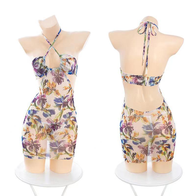 Sexy Seduction Lingerie Halter Perspective Printing Smudge Hip Skirt Pure Lust Hottie Suspender Floral Skirt Flirting