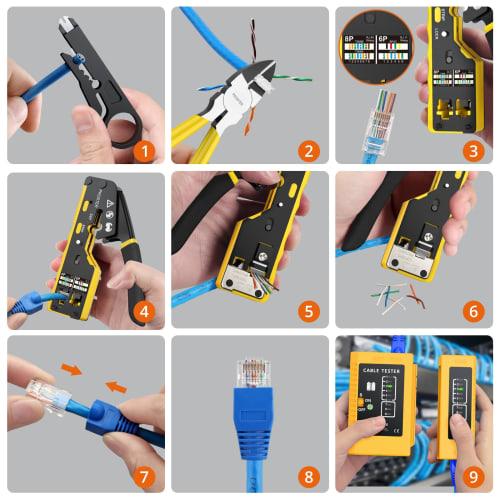 Proster RJ45 Crimping Tool, LAN Connector Crimping Pliers, Compatible with RJ45/RJ11/RJ12, CAT5/CAT6/CAT7, LAN Checker, CAT6 Connector & Protective Co