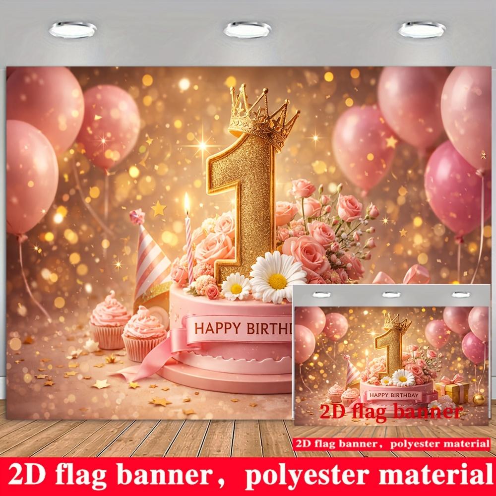 1st Birthday Banner Backdrop Gold Number 1 Crown Pink Balloons Roses Cake