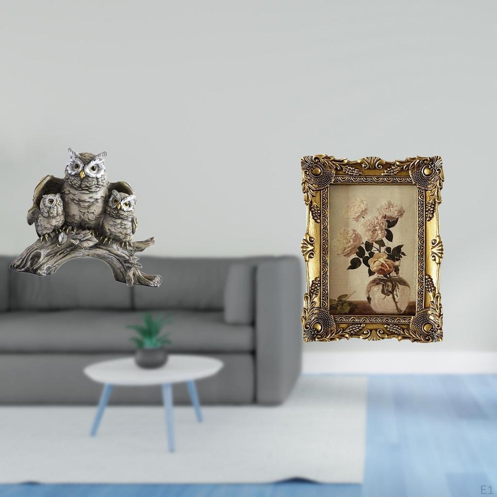 Owl Sculpture And Vintage Resin Photo Display Frame Ornament for Living Room Office Cabinet Tabletop