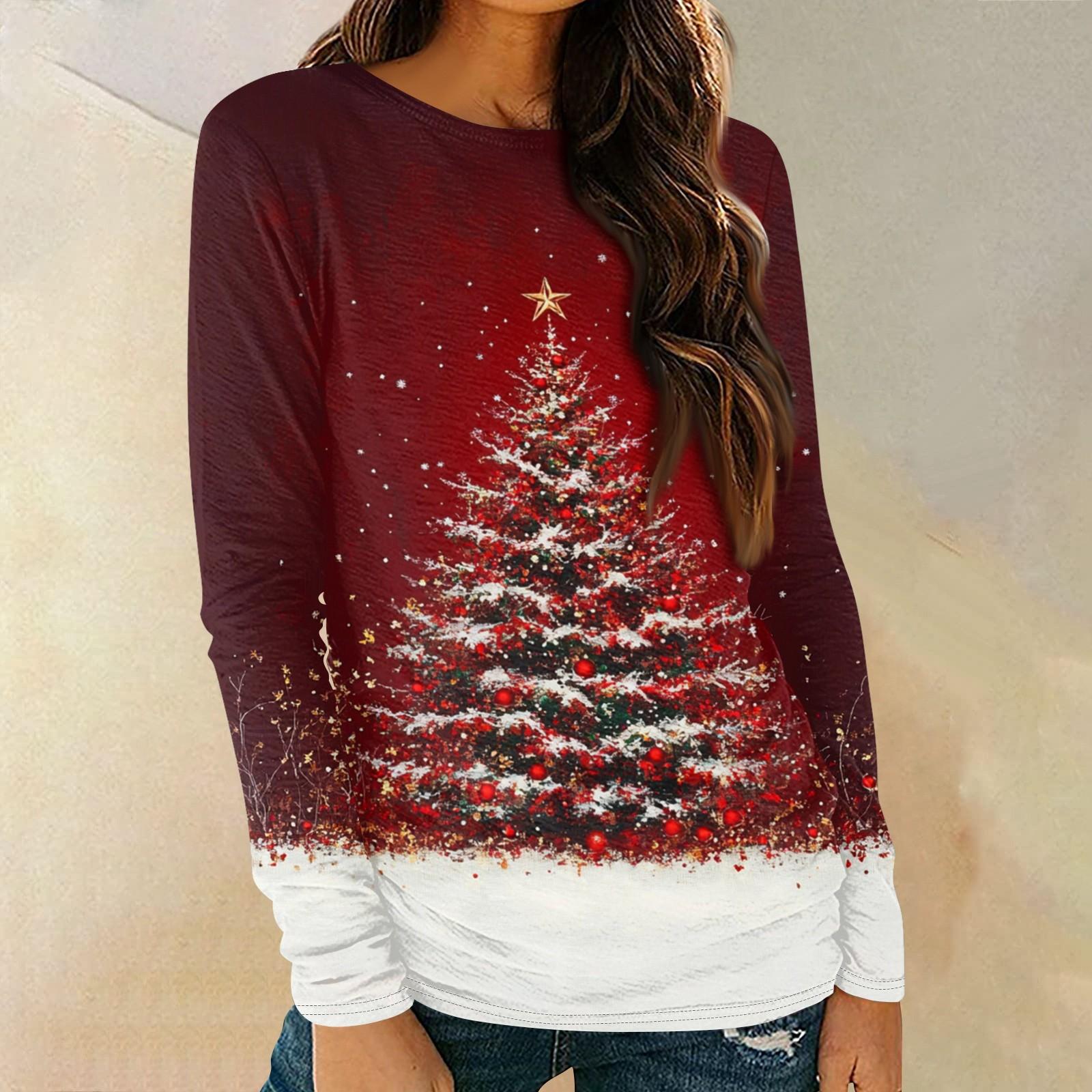 

Женская мода круглый вырез пуловер с глубокими рукавами футболка с рождественским принтом топ XXL красный