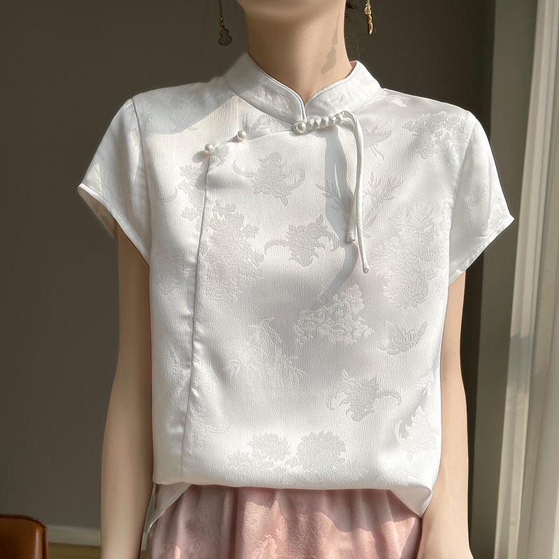Women's 2025 Spring/Summer Chinese Faux Silk Jacquard Shirt - National Trend Tang Suit with Stand Collar and Diagonal Placket