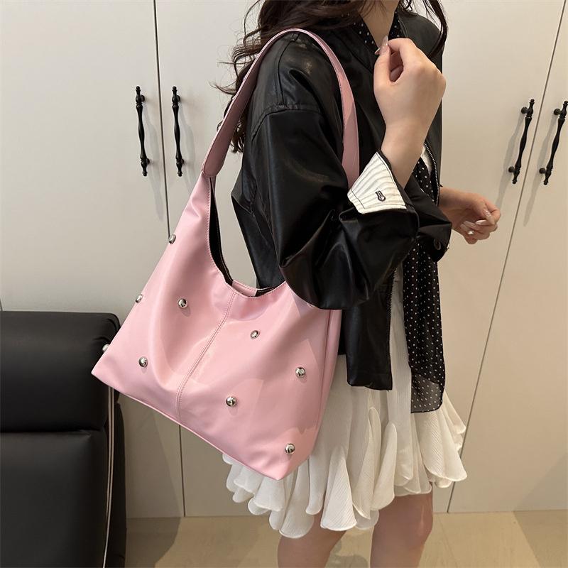 Yogodlns Punk Style Embellished Double-Faced Round Rivet Inlaid Niche Luxury Bucket Bag Chic Lady Underarm Large Capacity Shoulder Bag