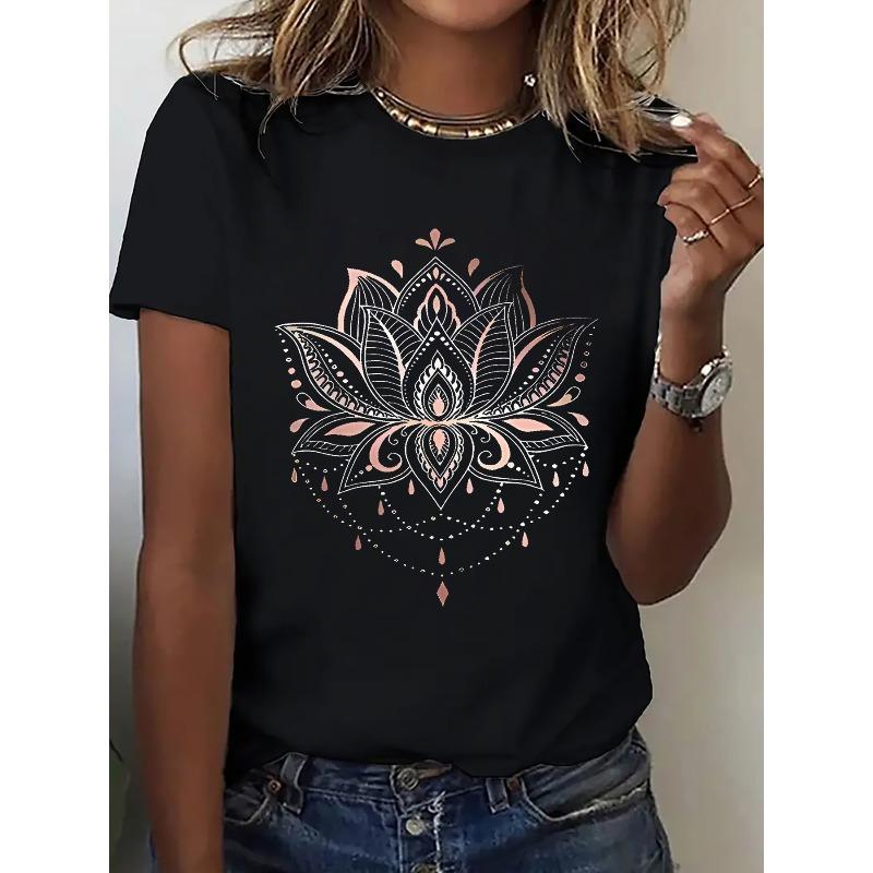 

European Size 1pc Women S T-Shirt | Elegant Mandala Pattern, Comfortable Soft Breathable Fabric, Ideal for Sports, Fitness, Running 4XL чорний