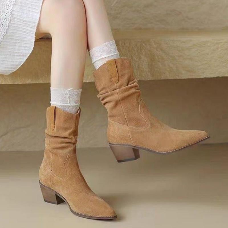 Modische neue Wildleder Square Heel Übergröße Reiterstiefel für den Winter Spitz Bequem Warm und Lässig Kurze Stiefel für Damen
