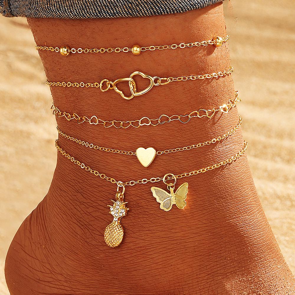 Retro Multi-layer Butterfly & Star Fishbone Women's Tassel Anklet Set