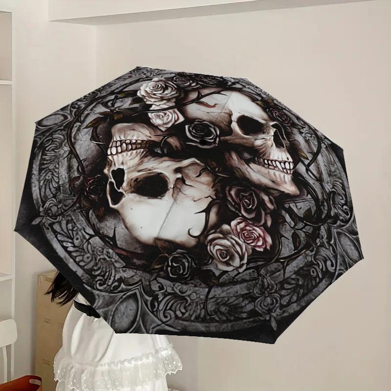 1 Stück Kreisförmiger Regenschirm mit Totenköpfen und Rosen und Kunststoffgriff, Geeignet für alle Jahreszeiten, Zuhause, Reisen, Outdoor-RegenschirmDD051