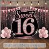 2D Sweet 16 Backdrop, Black and Pink Glitter Diamond Photo Background for Girls 16th Birthday Party Decor