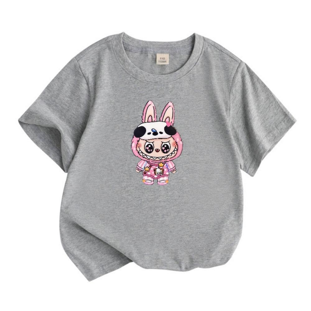 2025 Popular Children's Clothing Short Sleeved LABUBU Wearing Pajamas Pattern Round Neck T-shirt Cartoon Style Girl's Top