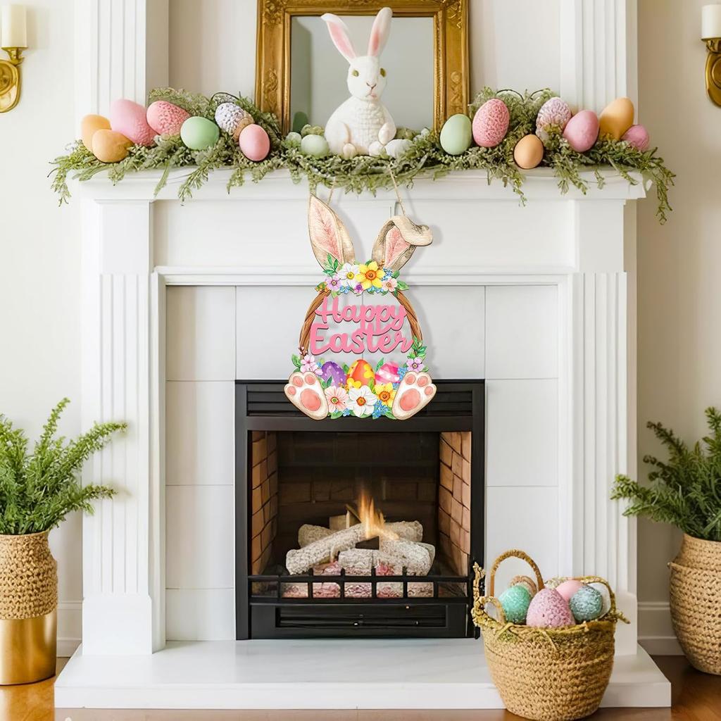 Wooden Easter Decoration Door Wreath for Front Door Sign Wall Signs Rabbit Spring Decoration, Hollow Bunny Sign Flower Egg Welcome Hanging for Home