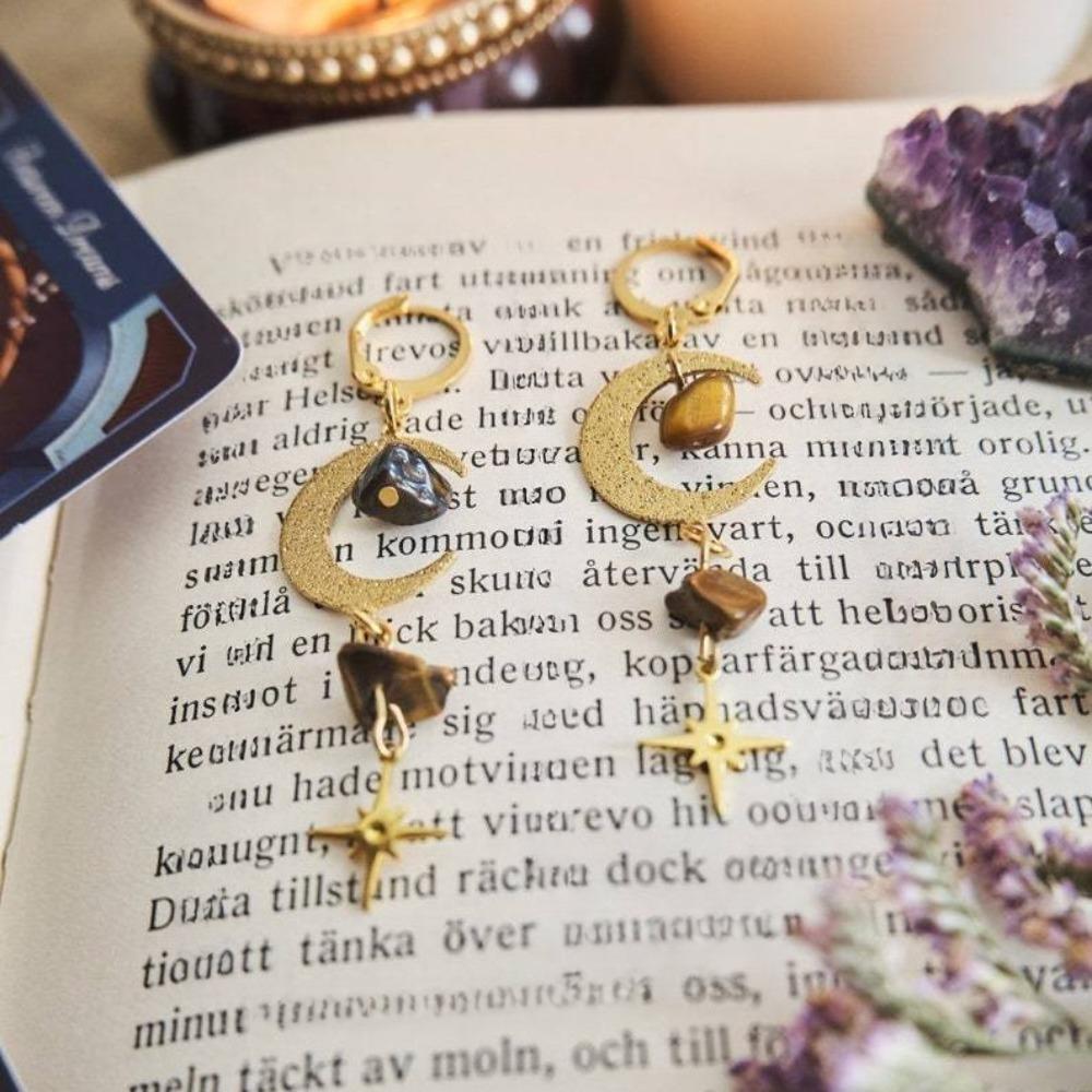 Charm Bohemia Stainless Steel Gold Color Crescent Moon Stars Irregular Amethyst Stone Pendant Dangle Earrings for Women Jewelry