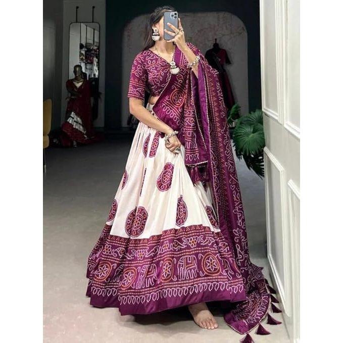 Women's Bandhej Printeed Tussar Sillk Lehenga Choli Set  ,Unstiched Blouse