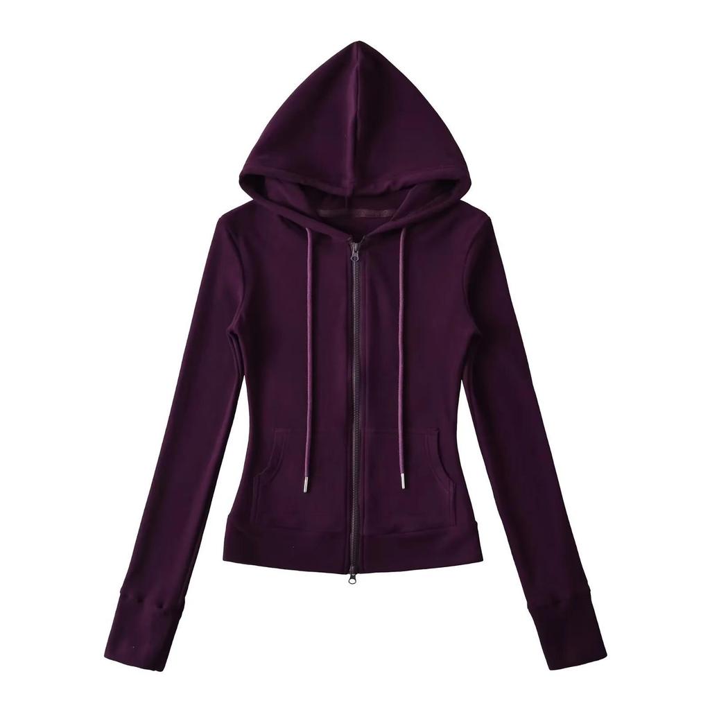 Women's American Style Thermal Fleece Slim Fit Hooded Yoga Sweatshirt with Double Zippers & Large Pockets for Autumn/Winter.