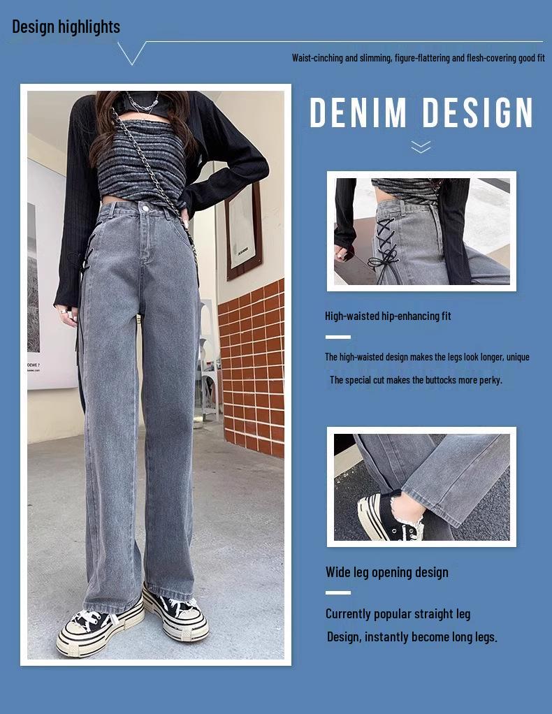 Dámské podzimní korejský styl kouřově šedé džíny s vysokým pasem na zavazování a širokými nohavicemi