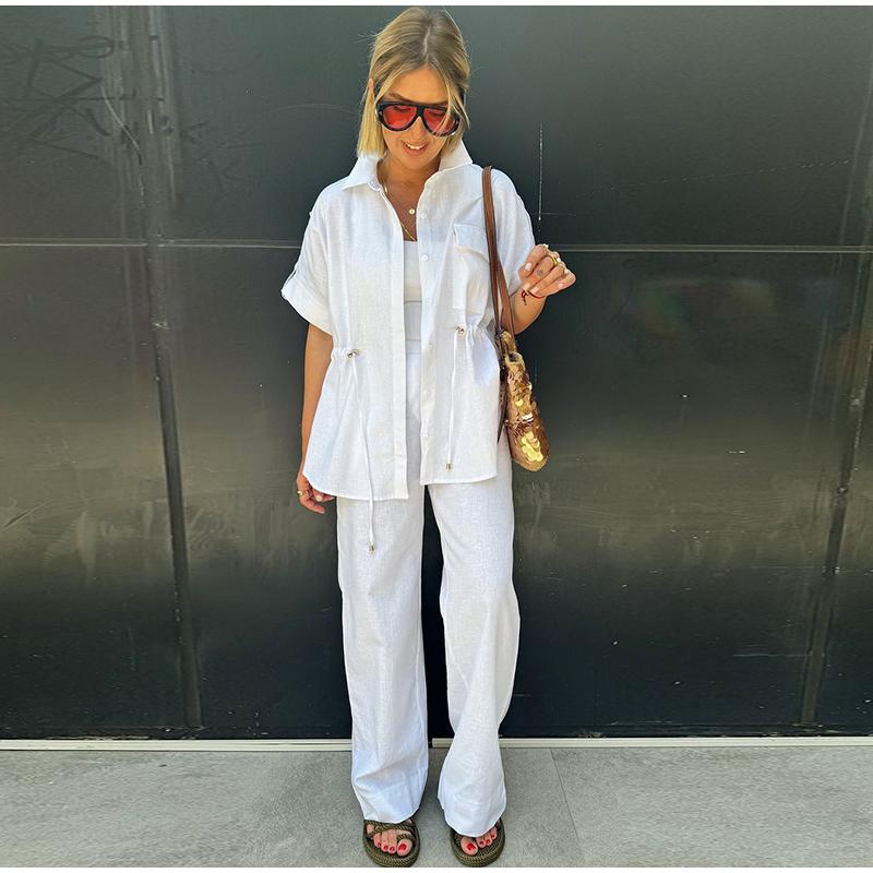 Set de damă cu șort cu șnur și mânecă scurtă, culoare uni, pantaloni lungi, cu trei culori la alegere, cu talie marcată, stil casual, vară, set nou pentru femei